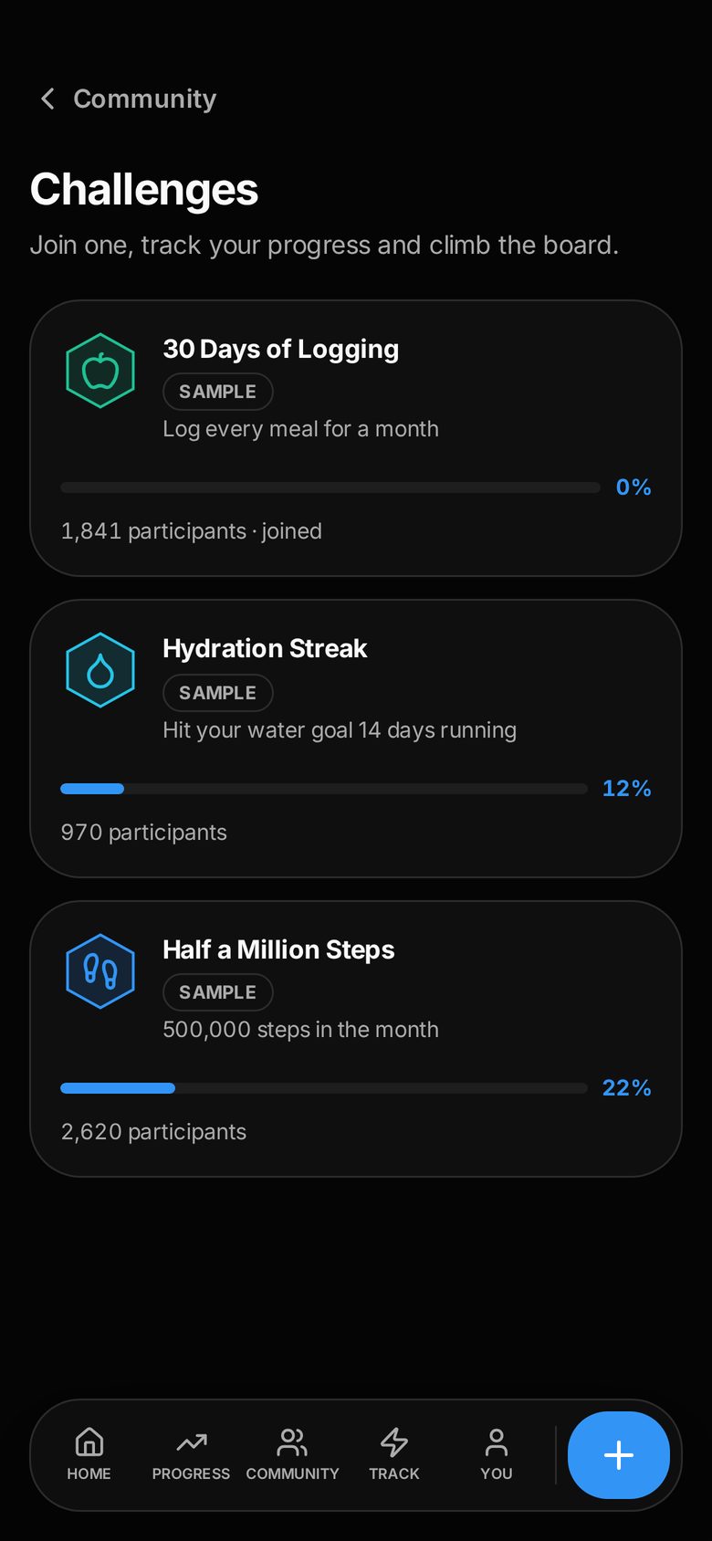 The RYNER Challenges screen listing challenges with progress bars and participant counts