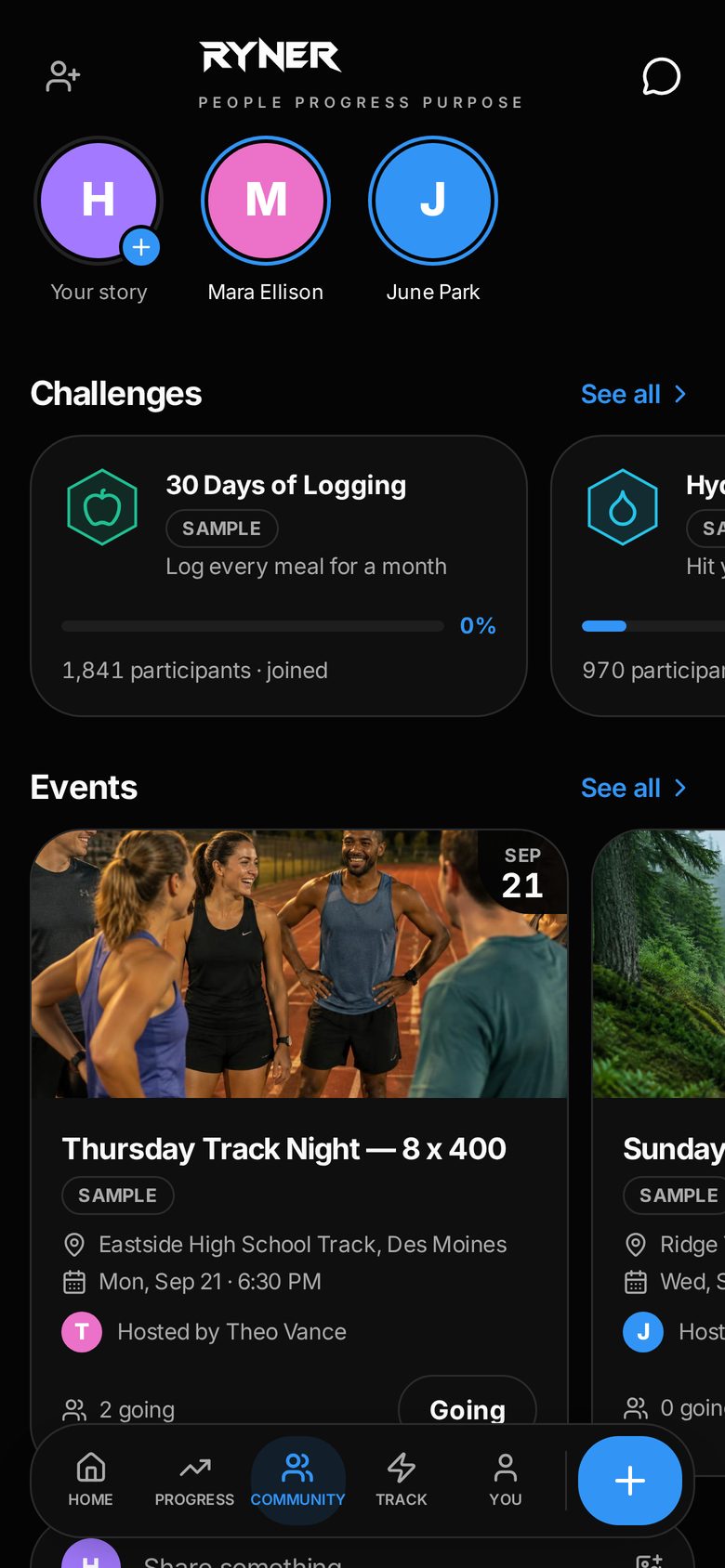 The RYNER Community screen with stories, the Challenges strip and the Events strip