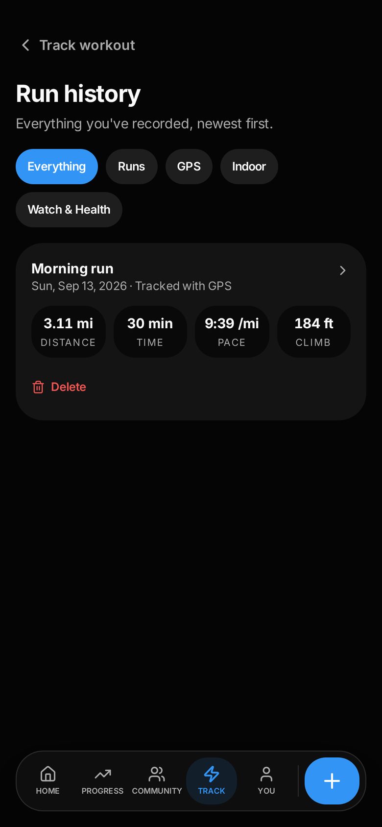 RYNER run history showing a recorded GPS run with distance, time, pace and climb