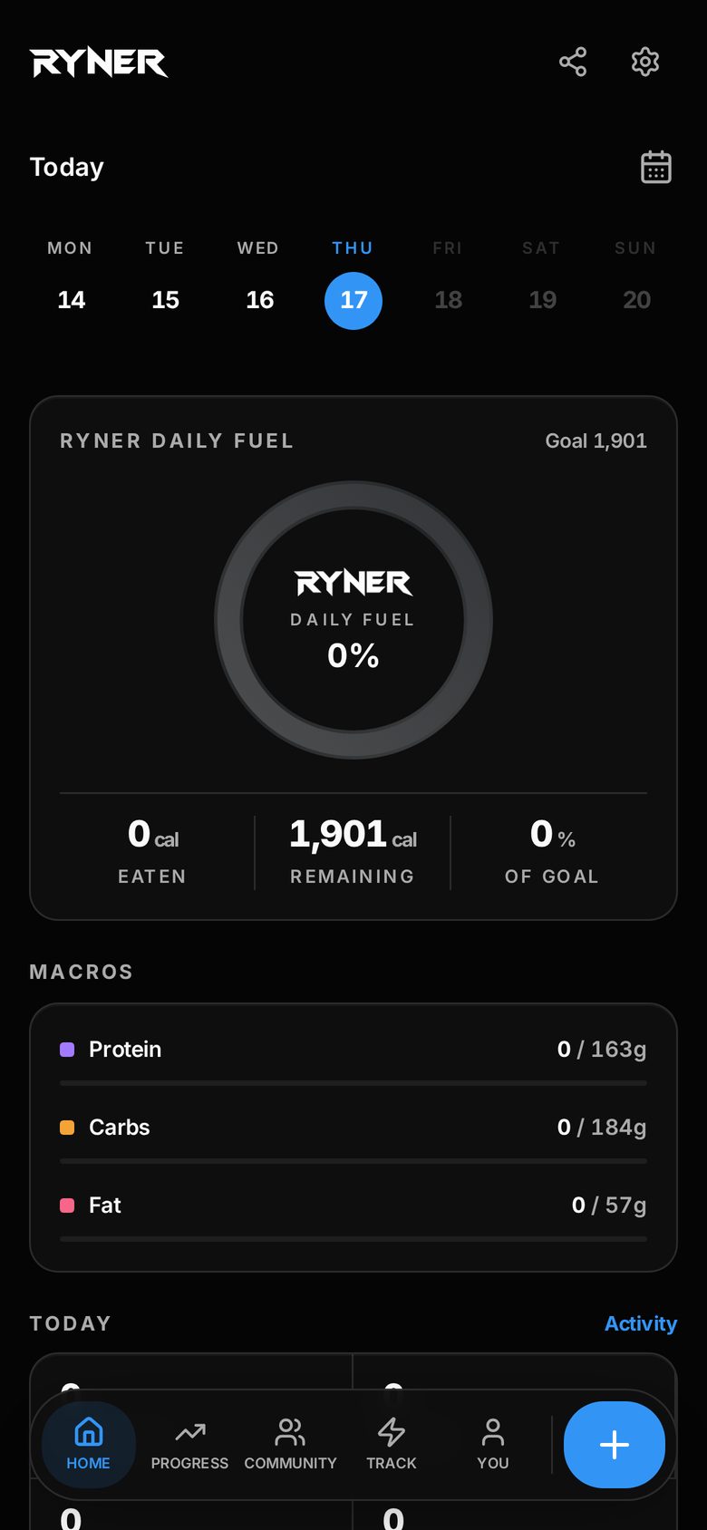 RYNER home screen with the Daily Fuel ring, calories eaten, calories remaining and protein, carbs and fat for the day