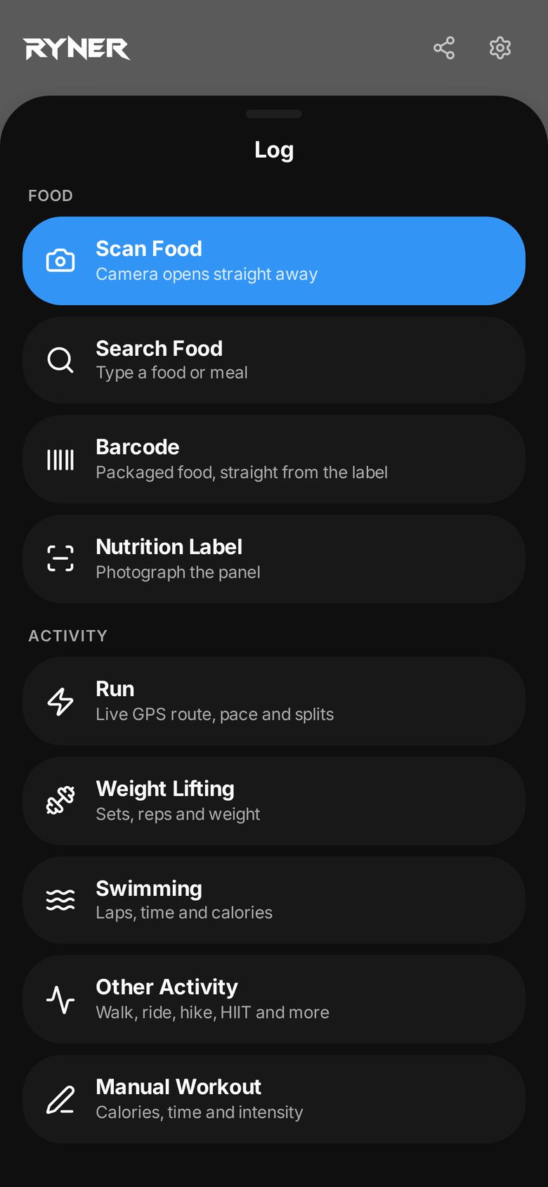 The RYNER log sheet with Scan Food, Search Food, Barcode, Nutrition Label, Run, Weight Lifting, Swimming and manual options