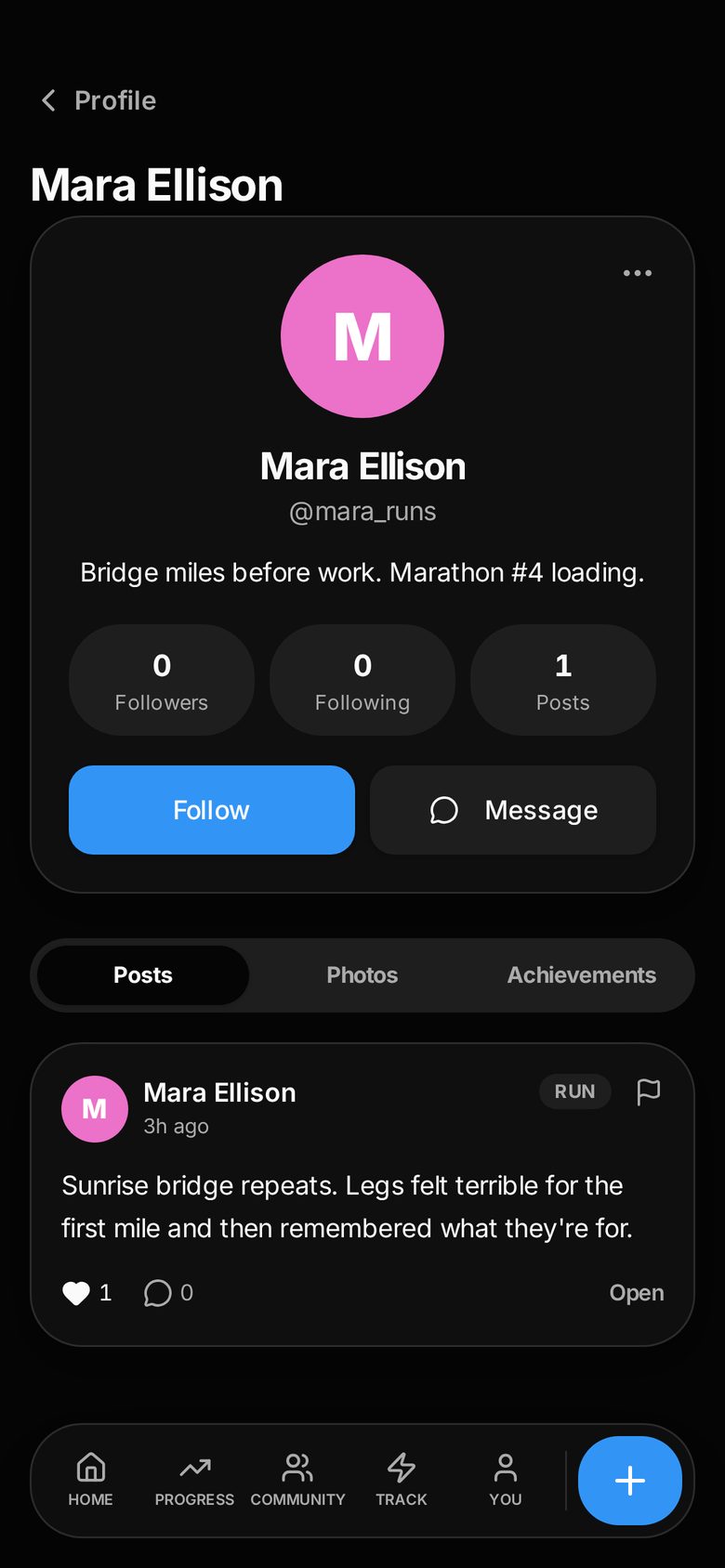 A RYNER member profile with photo, bio, followers, following, posts and their post history