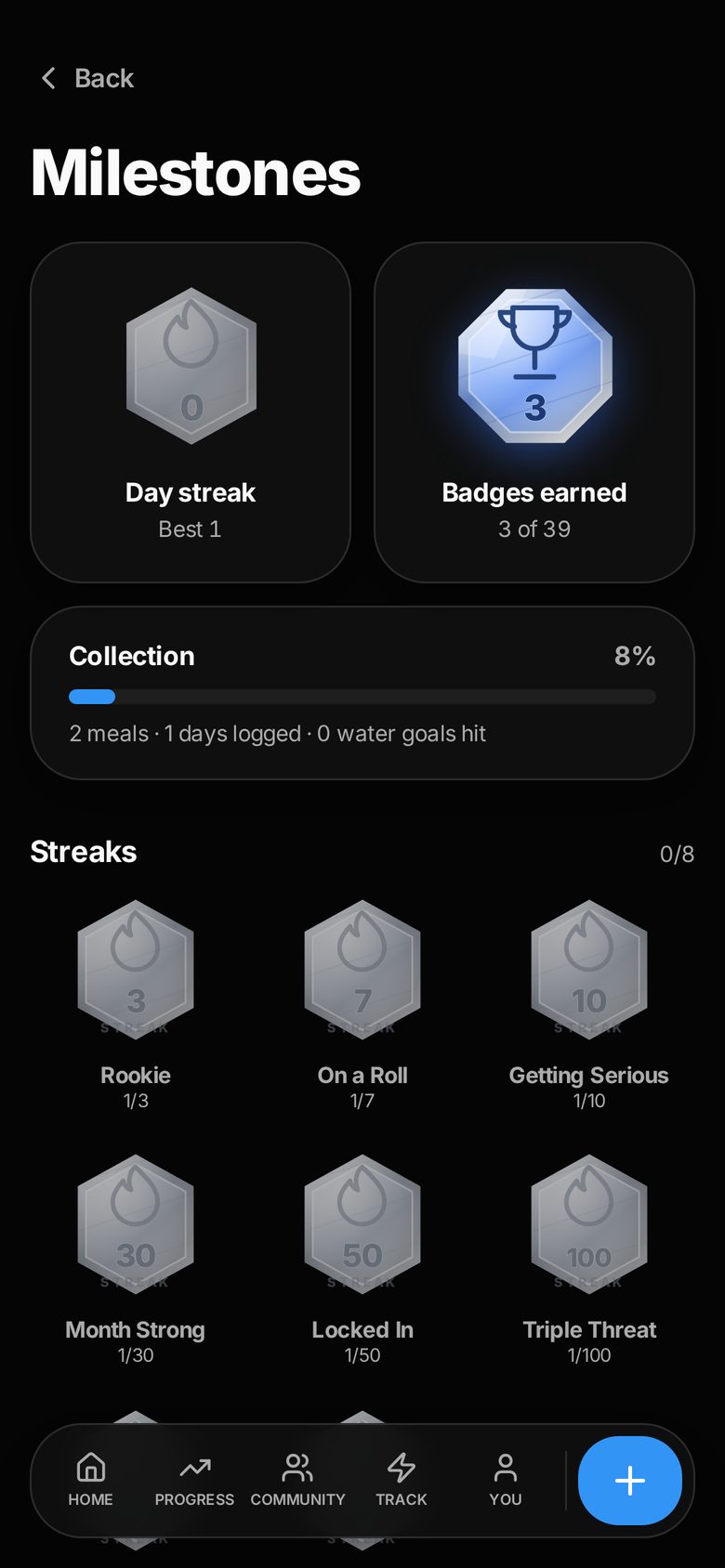 The RYNER Milestones screen showing streaks and earned achievements