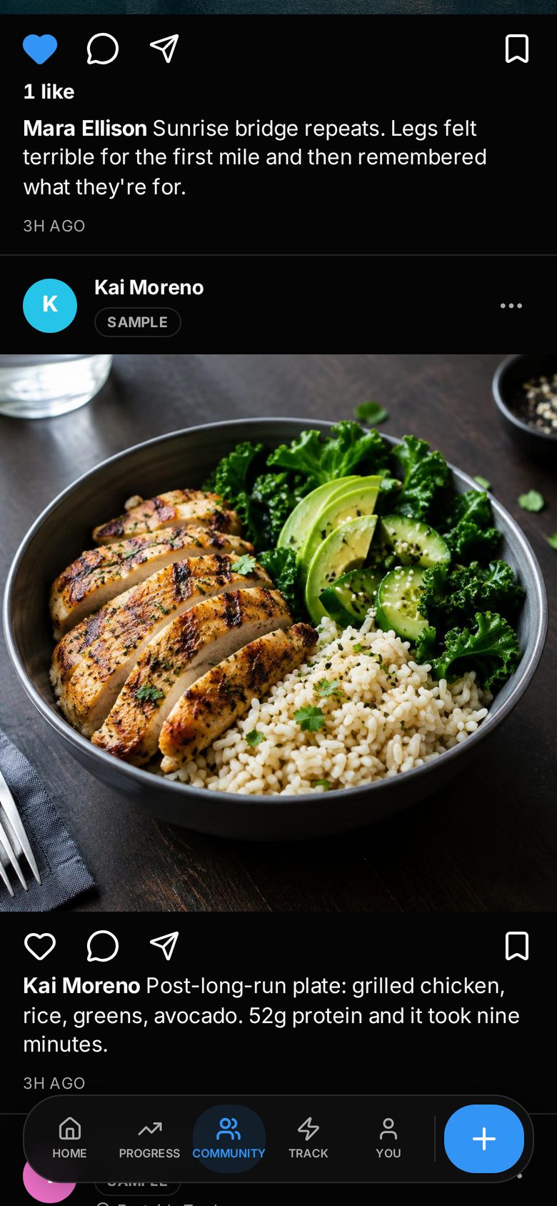 A RYNER community post with full-width photo, likes, comments, share and save, and the caption underneath