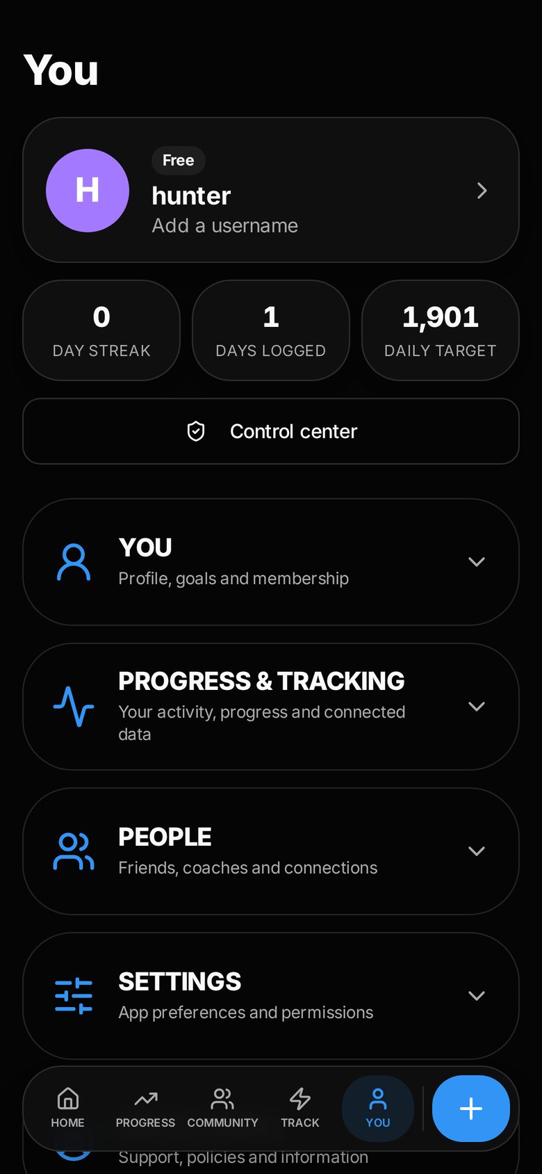 The RYNER You screen with streak, days logged, daily target and collapsible sections for profile, tracking, people and settings