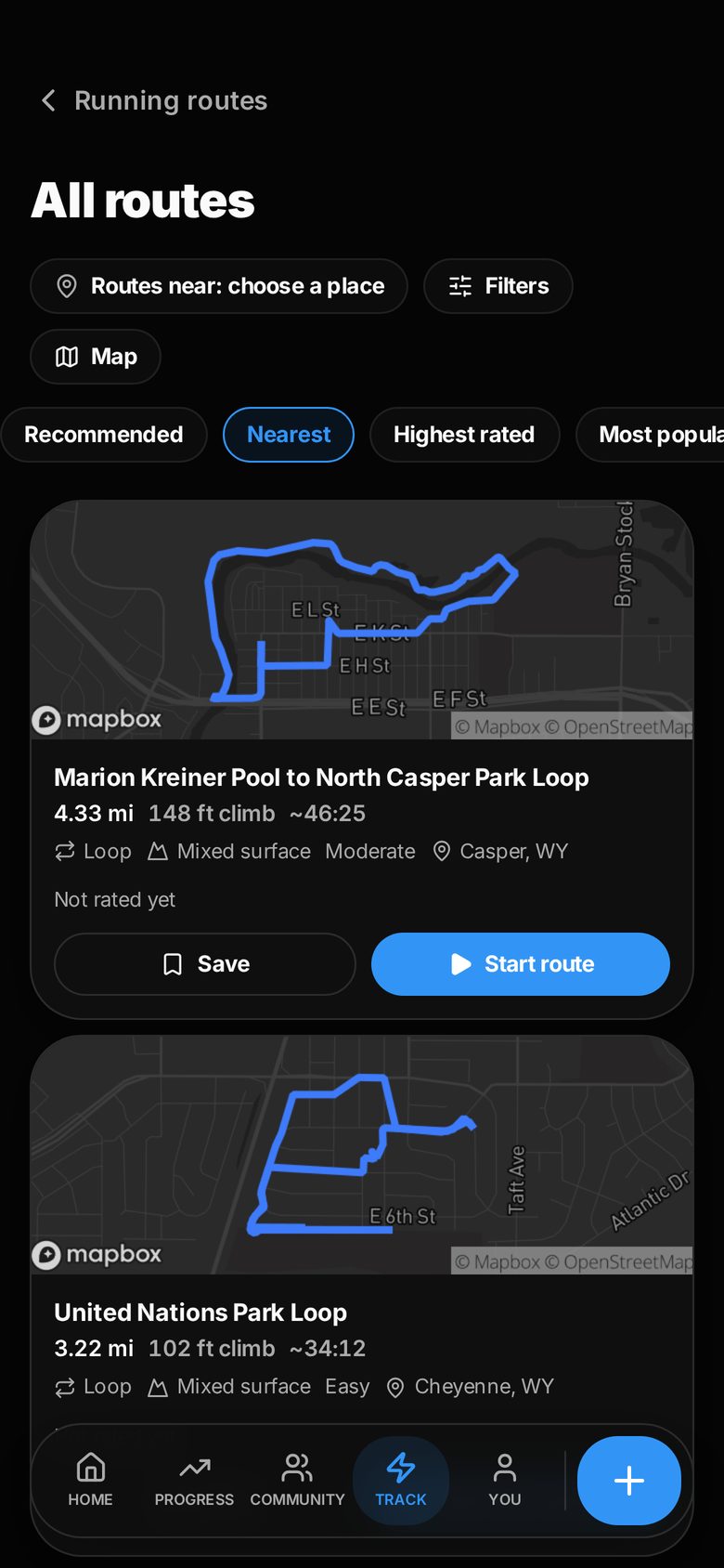 A RYNER route list with real route maps, distance, climb and location for each route