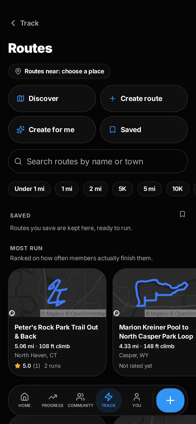 RYNER Routes with Discover, Create route, Create for me and Saved, plus most-run routes drawn in RYNER blue
