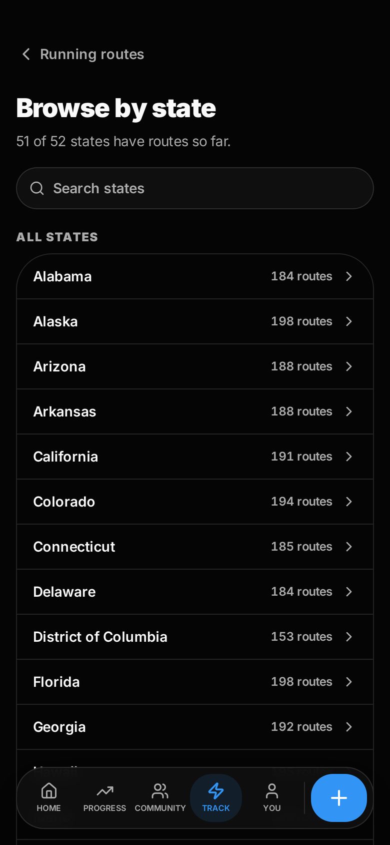 The RYNER browse-by-state screen listing every state with its number of running routes