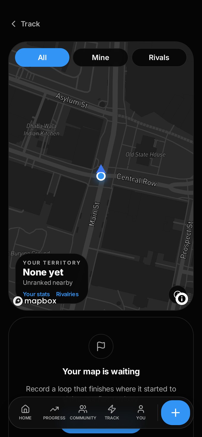 The RYNER Territory map in dark mode with All, Mine and Rivals filters over a live street map
